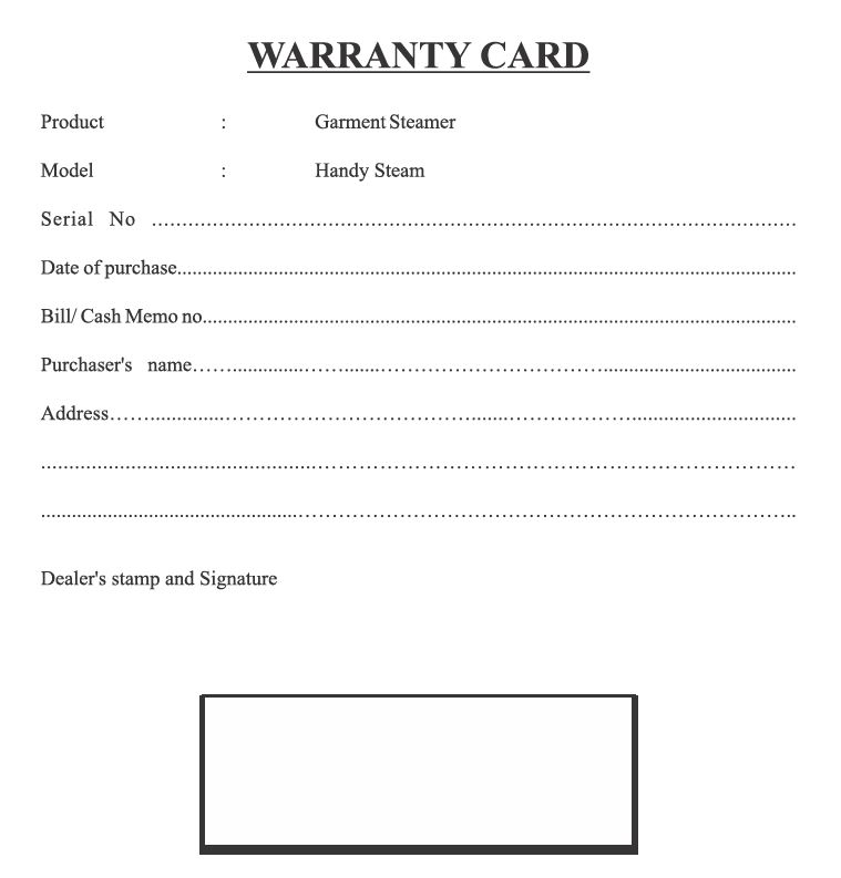 Inalsa Handy Steam Garmet Steamer - Warranty Card