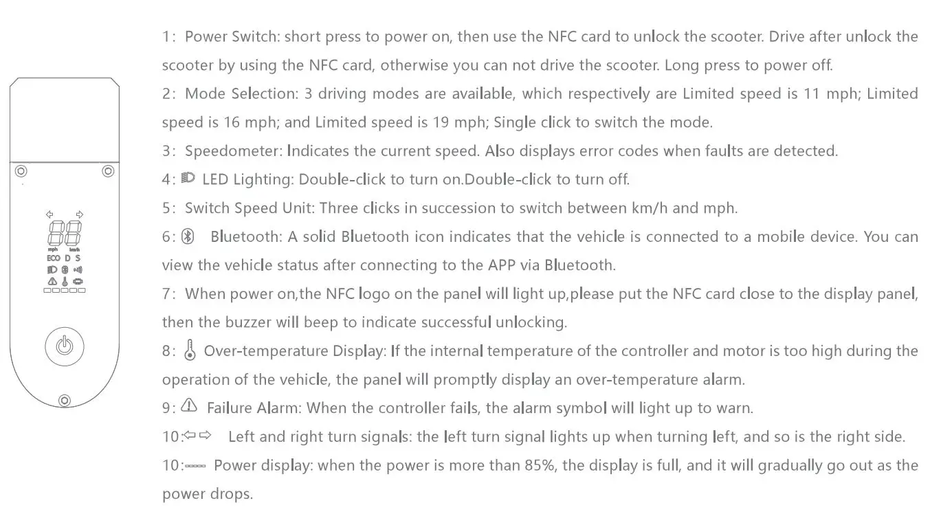 GYROOR X8 Electric Scooter User Manual - Dashboard Operation