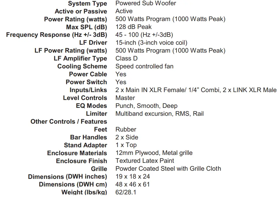 Yorkville YXL Series YXL15SP 15-Inch Powered Subwoofer with Bluetooth Control Owner's Manual - Specifications