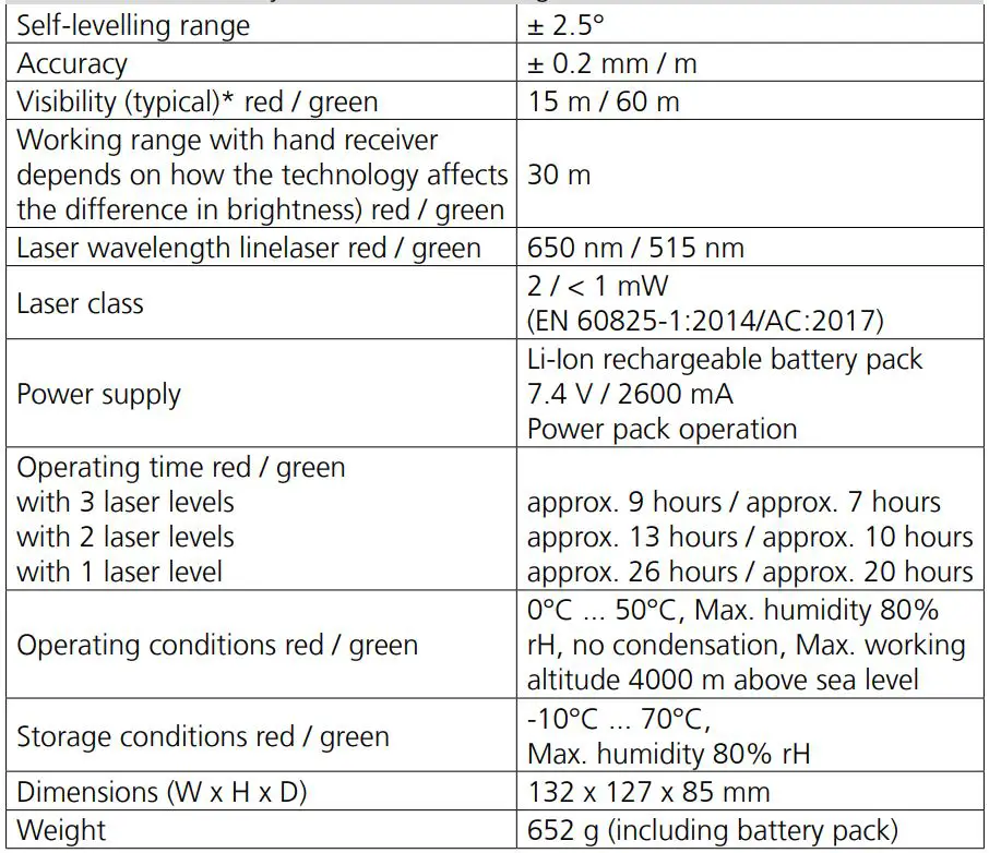 Laserliner 036 600 SuperPlane-Laser 3D Pro Line Laser Instruction Manual - Technical data