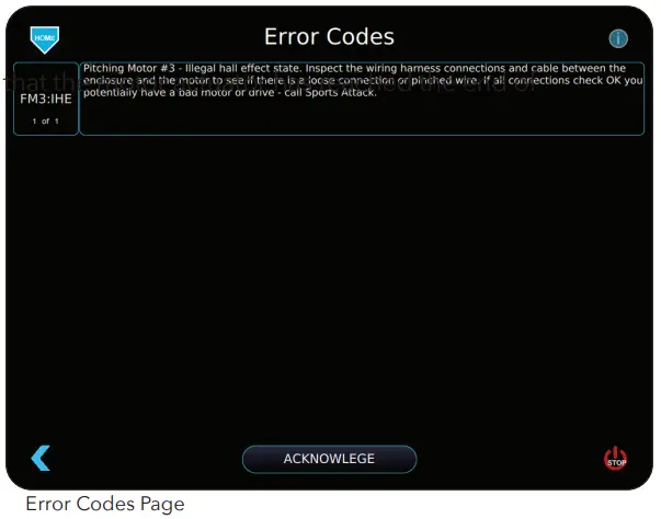 SPORTSATTACK Elite E Hack Attack Electronic Softball Pitching Machine - Error Codes Page