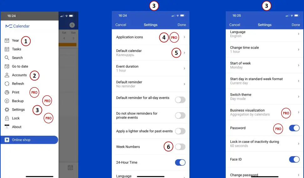 MC Calendar App for iOS - MENUS AND SETTINGS