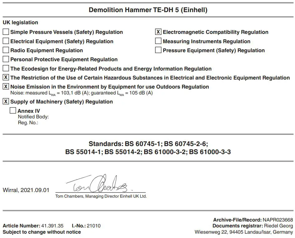 Einhell TE-DH 5 Demolition Hammer Instruction Manual - Demolition Hammer TE-DH
