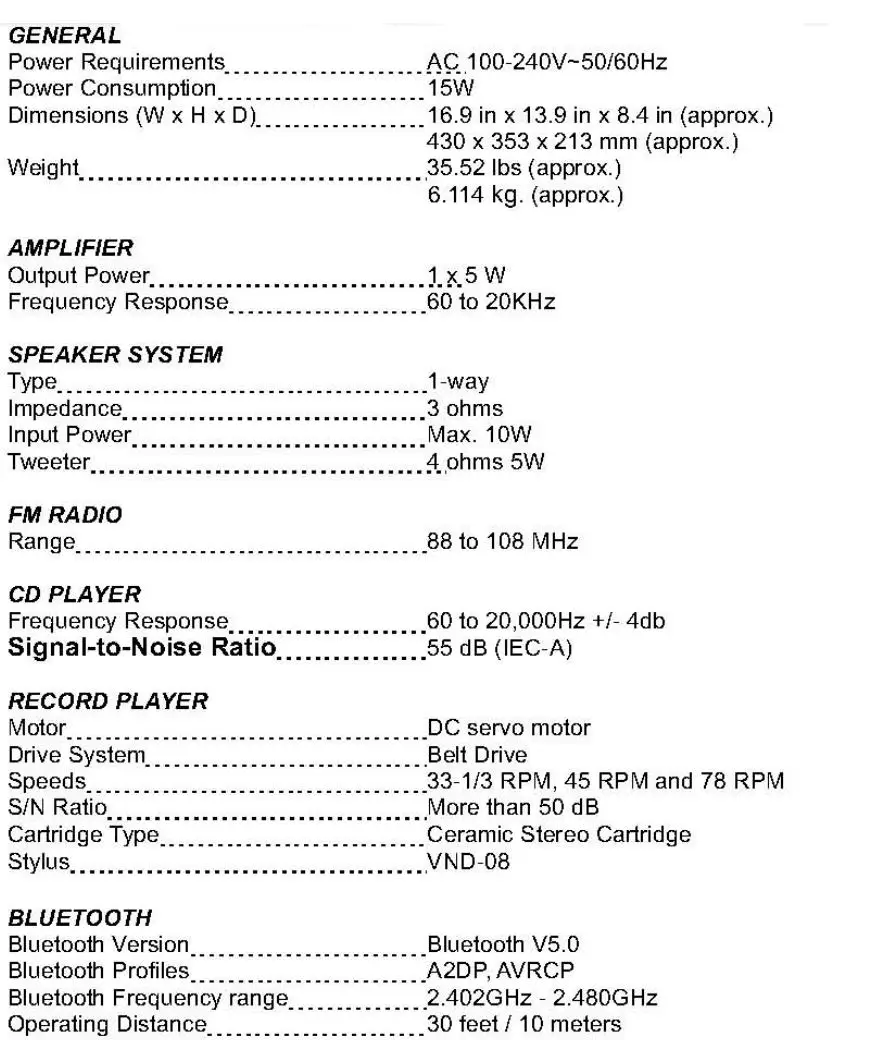 Innovative VTA380SB The Victrola Ellington Instruction Manual - Specifications