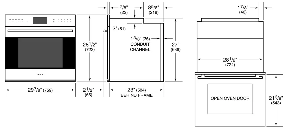 WOLF ICBSO3050TE 76cm E Series Transitional Built In Single Oven - DIMENSIONS