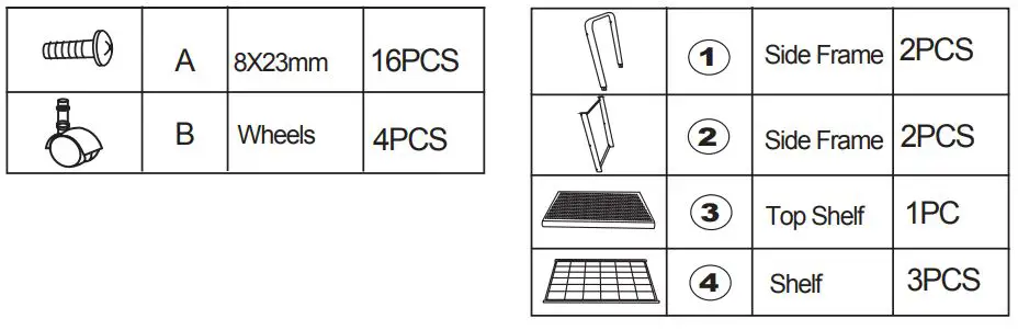 Kmart 42971085 3 Tier Caddy with Wheels Instructions - Hardware list