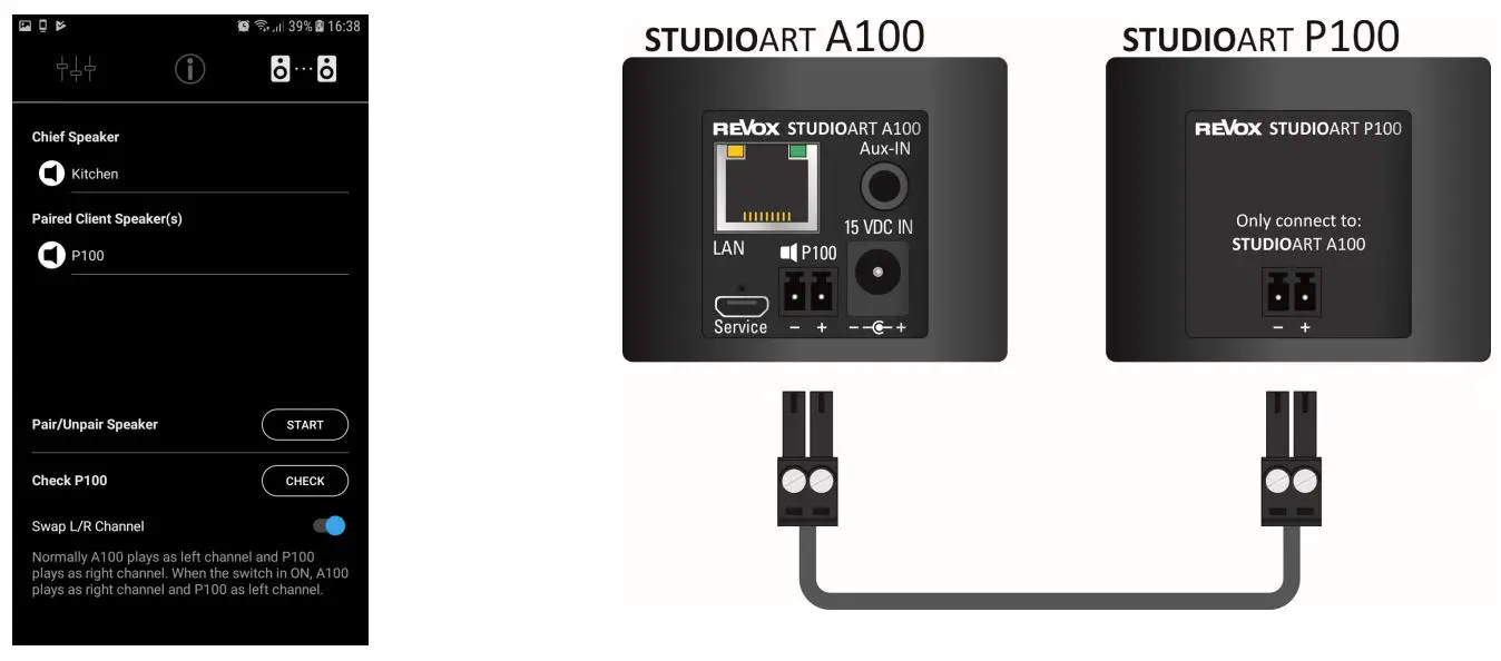 REVOX STUDIOART Speaker User Guide - Connecting the STUDIOART A100 to a passive P100 Room Speaker