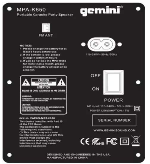 ALTEC LANSING MPA K650 Portable Karaoke Party Speaker - REAR PANEL