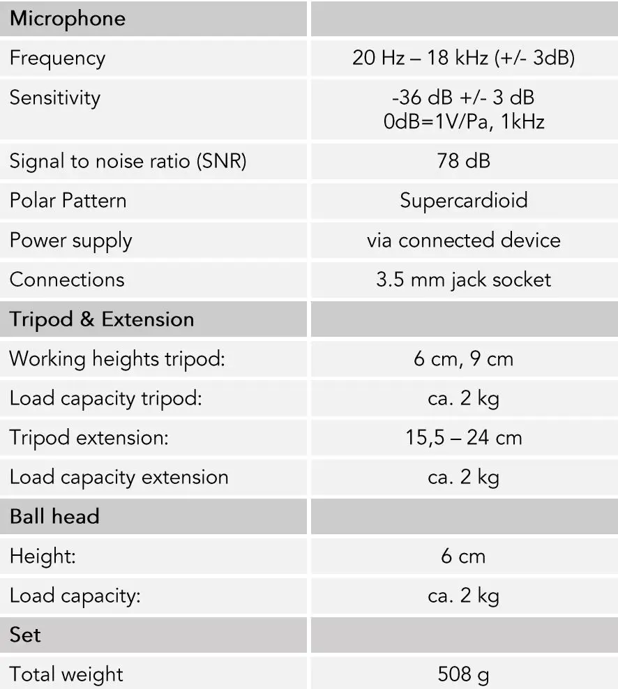 BOYA VG350 Smart Phone Video Kit User Manual - Technical Specifications