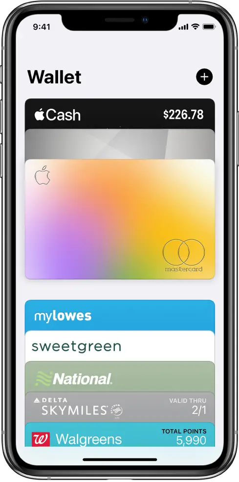 The Wallet screen, showing the tops of several credit and debit cards and passes.