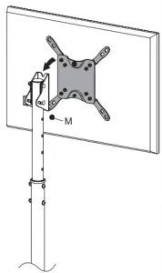 To attach the TV to the stand, loosen the nut at the top of the VESA plate and slide into the slot on top of mounting plate on the pole. Secure the top and bottom of the VESA plate to the stand by tightening both nuts using wrench (P).