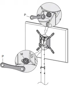 To attach the TV to the stand, loosen the nut at the top of the VESA plate and slide into the slot on top of mounting plate on the pole. Secure the top and bottom of the VESA plate to the stand by tightening both nuts using wrench (P).