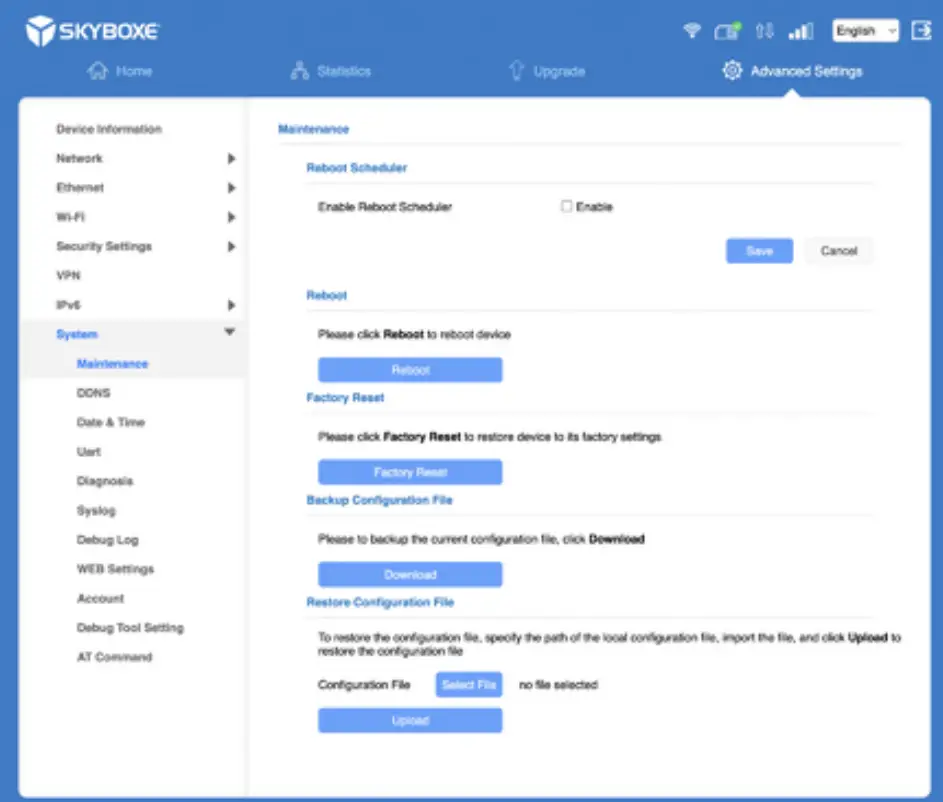 SKYBOXE 5G Fixed Wireless Access Router - Configuration Settings