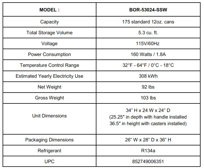 Built-in Outdoor 5.3cu.ft. Beverage Refrigerator - TECHNICAL DATA