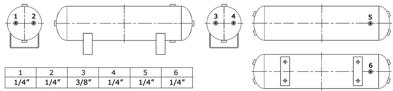 VIXEN HORNS VXT3000AB 3 Gallon 6 Ports Train-Horn Aluminum Air Tank - PORT LOCATIONS