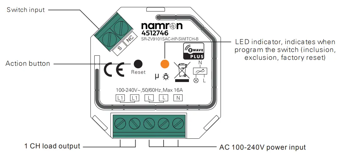 namron 4512746 Z-Wave Switch 16A - Function