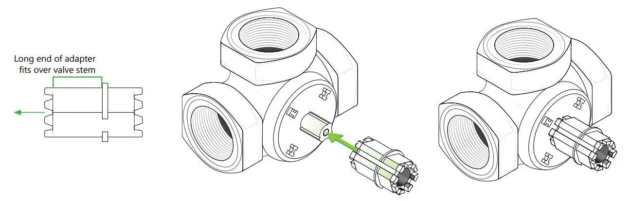 Heat Link ARA659 3-Way Mixing Valve and 58132 Actuator - Attach the plastic adapter included in the 58132 package to the valve stem
