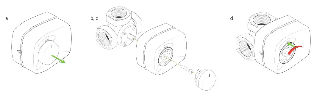 Heat Link ARA659 3-Way Mixing Valve and 58132 Actuator - Remove the knob by pulling it straight out,Secure the actuator motor to the valve using the included screw,Replace the indicator knob.
