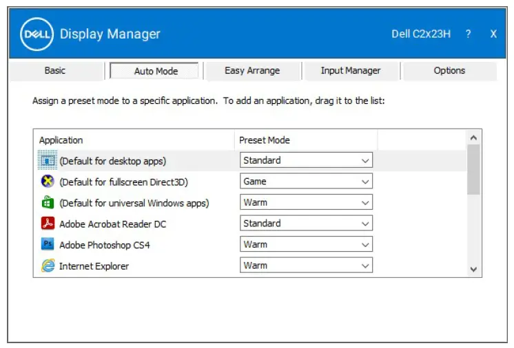 Assigning Preset Modes to Applications