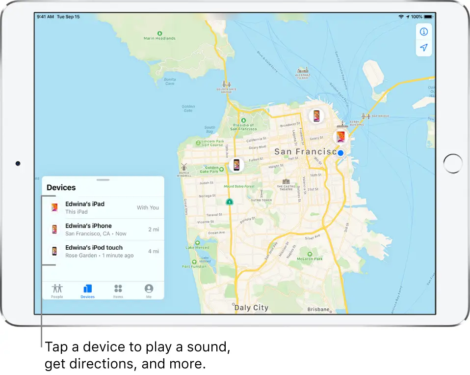 The Find My screen open to the Devices tab. There are three devices in the Devices list: Edwina’s iPad, Edwina’s iPhone, and Edwina’s iPod touch. Their locations are shown on a map of San Francisco.