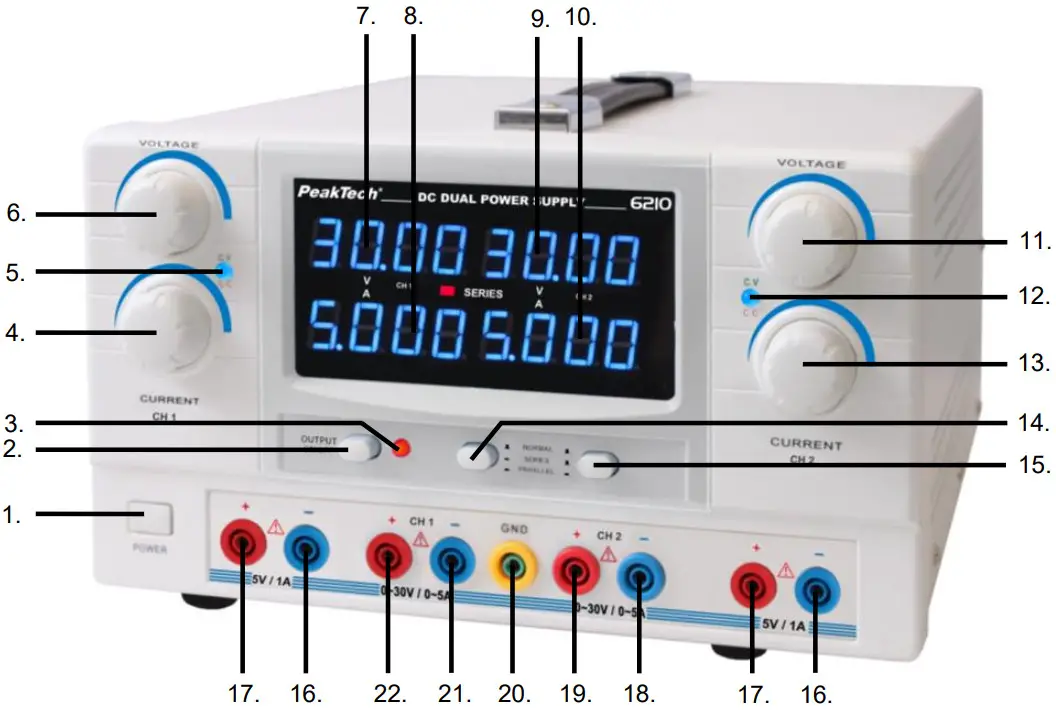 PeakTech P6210 Regulated Double Laboratory Power Supply - Controls and description