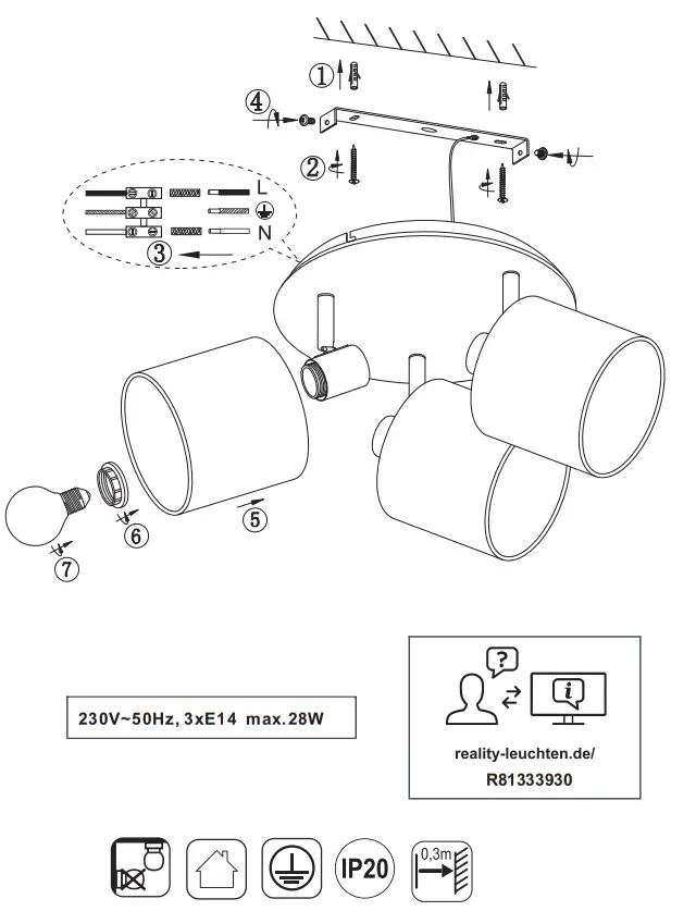 Trio R81333930 Mounted Ceiling Light Tommy 3x28W
