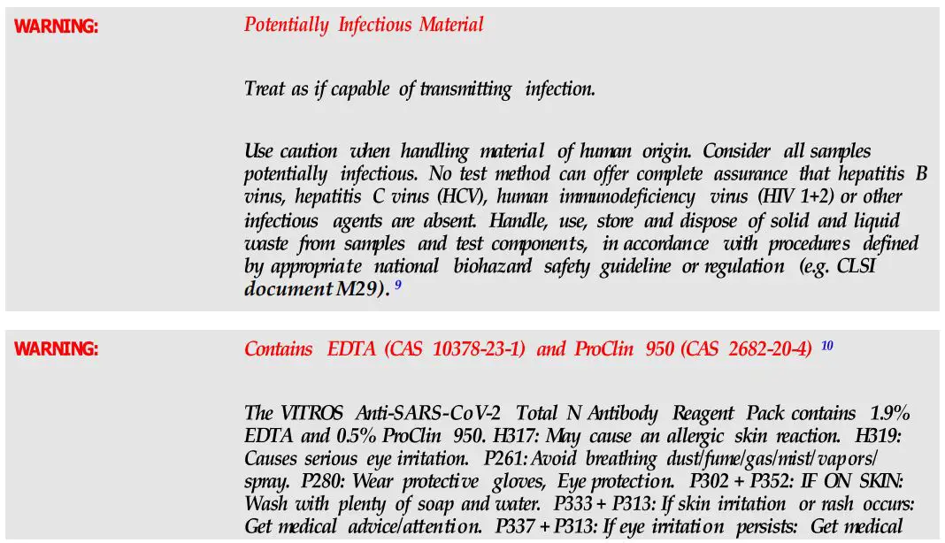 VITROS CV2TN Immunodiagnostic Products Anti-SARS-CoV-2 Total N Antibody Reagent Pack Instruction Manual - Warnings and Precautions