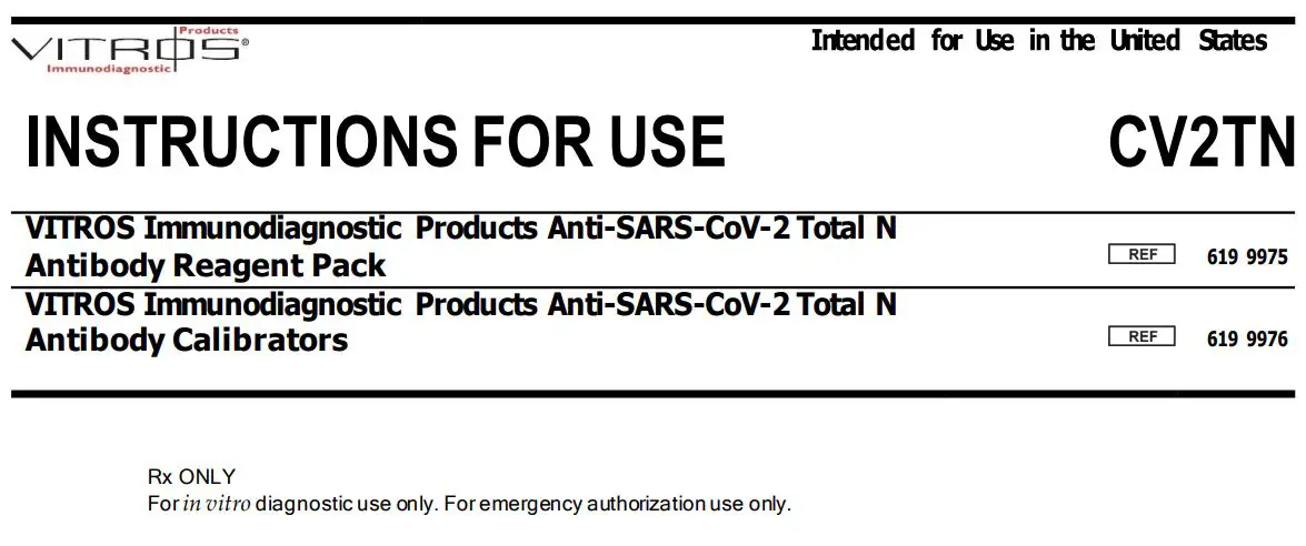 VITROS CV2TN Immunodiagnostic Products Anti-SARS-CoV-2 Total N Antibody Reagent Pack Instruction Manual
