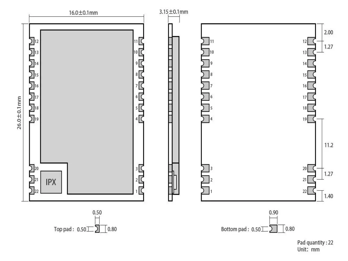 EBYTE E22-400T22S1C ASR65505 433 470MHz 160mW SMD Wireless Module - Size and pin definition