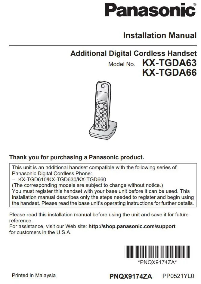 Panasonic KX-TGDA63 Additional Digital Cordless Handset Installation Guide