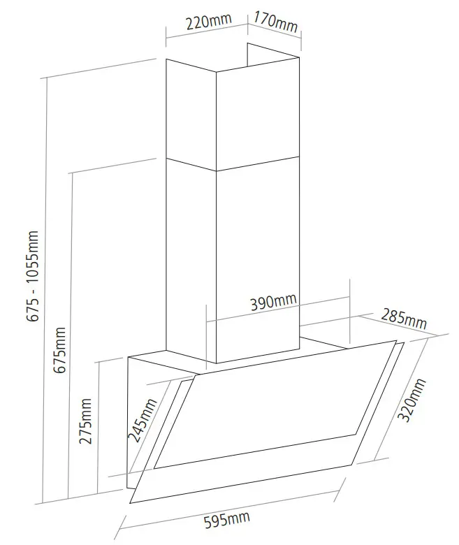 caple AH600BK Angled Wall Chimney Hood - PRODUCT DIMENSIONS