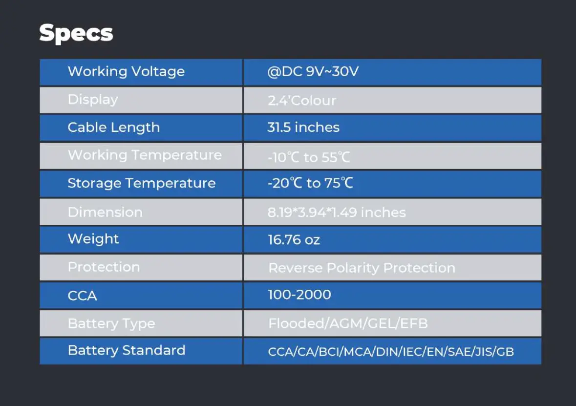 TOPDON BT300P Car Battery Tester - Specs