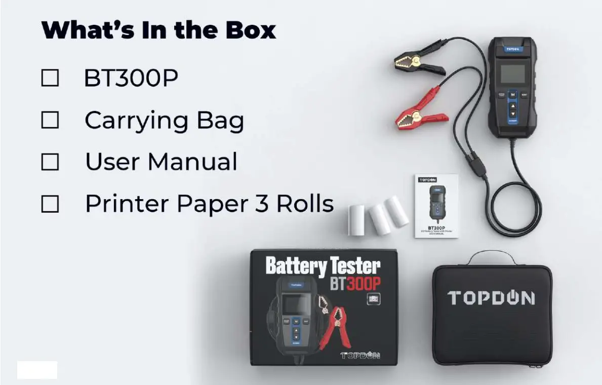 TOPDON BT300P Car Battery Tester - what's in the box