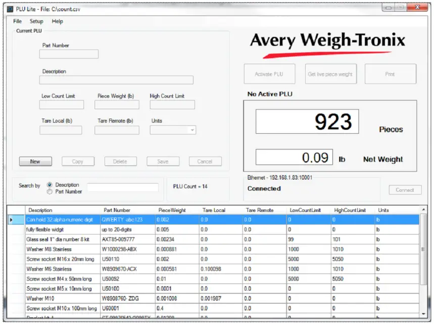 Avery Weigh Tronix ZK830 PLU Lite High Resolution Digital Checkweigher - PLU Lite software