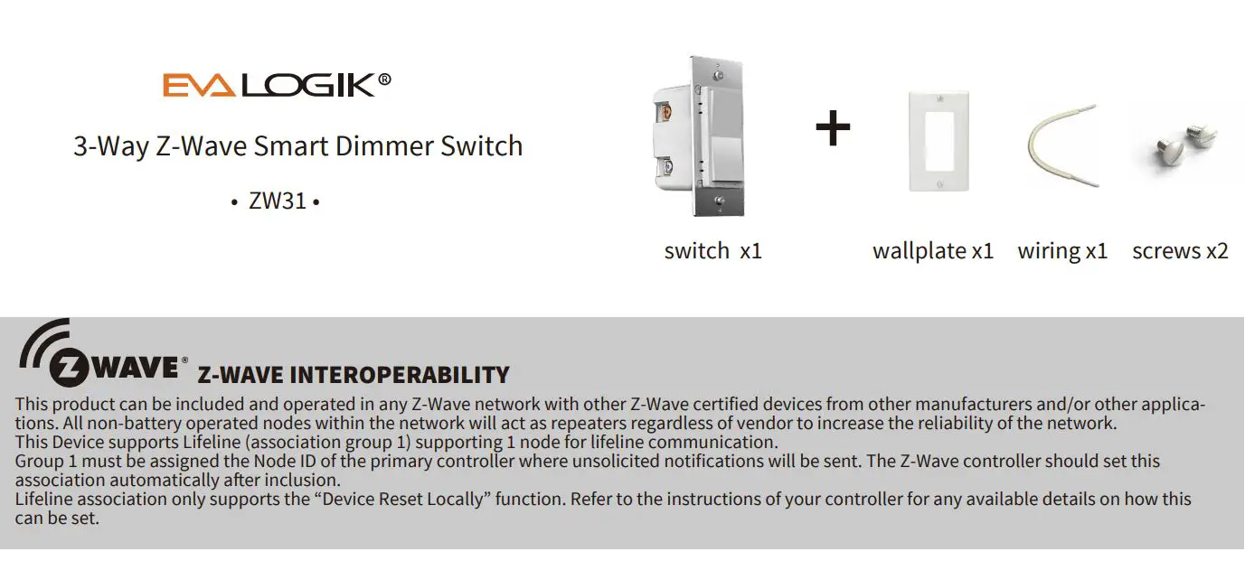 EVA LOGIK ZW31 3-Way Z-Wave Smart Dimmer Switch Instruction Manual
