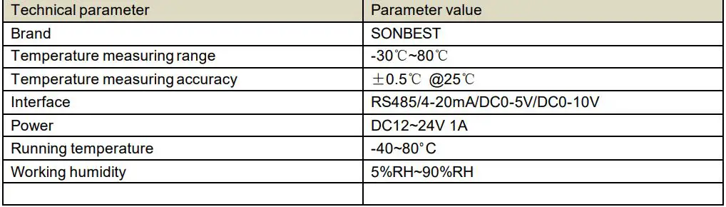 SONBEST SM3700V Pipeline Single Temperature Sensor Voltage Output User Manual - Technical Parameters