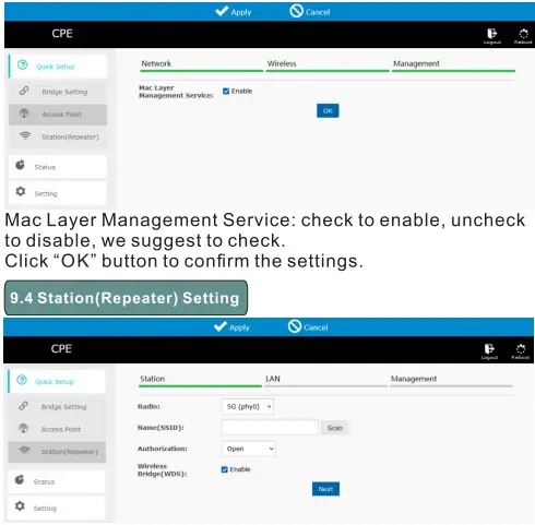 Management setting interface