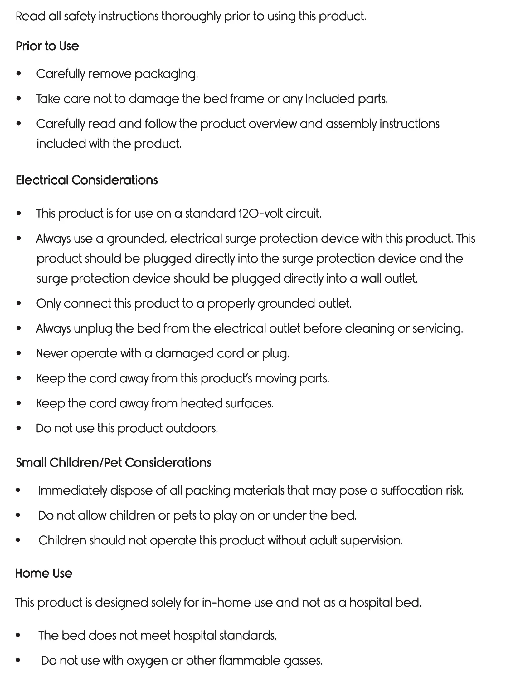 Vive LVA2043 Electric Bed Frame - Warnings and Precautions 1