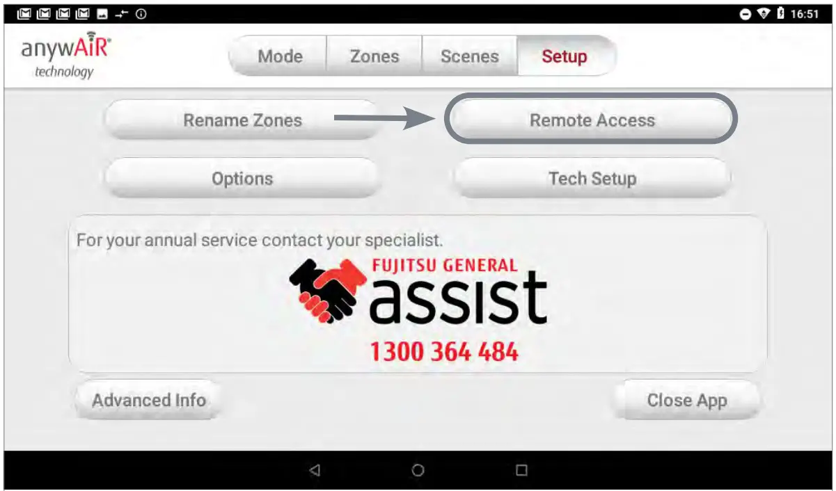 anywAiR Touch Pad - Press the Remote Access button