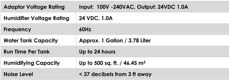 Crane Drop Top Fill Cool Mist Humidifier With Sound Machine - TECHNICAL SPECIFICATIONS