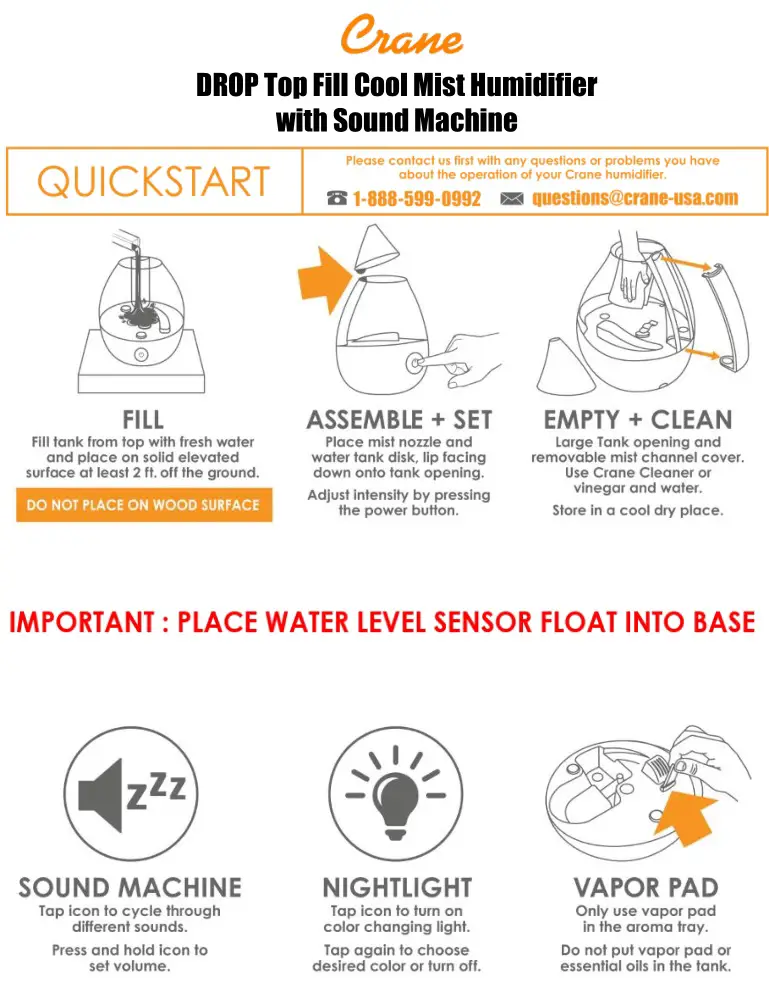 Crane Drop Top Fill Cool Mist Humidifier With Sound Machine User Manual