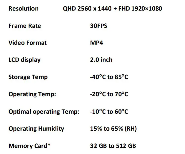 Street GUARDIAN SG9667DC2K 1080P Rear Dash Camera - Technical Specifications 2