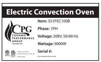 CPG 351FEC100 Electric Convection Ovens - Electric Convection Oven