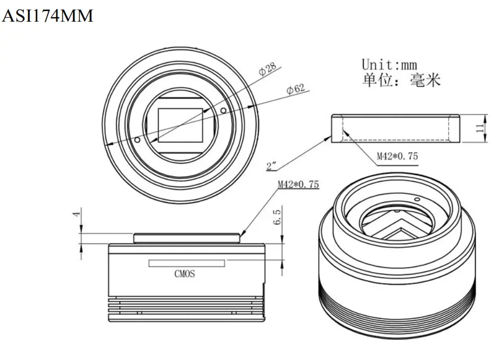 ZWO ASI174 USB3 0 Monochrome CMOS Camera - Mechanical drawing