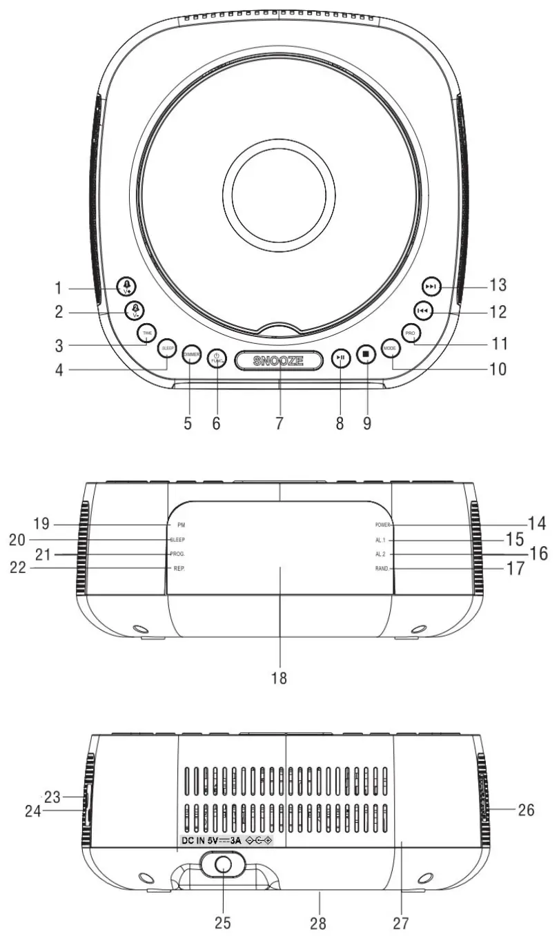 JENSEN JC -375 Dual Alarm Clock Radio with Stereo CD Player and Digital FM Tuner - LOCATION OF CONTROLS
