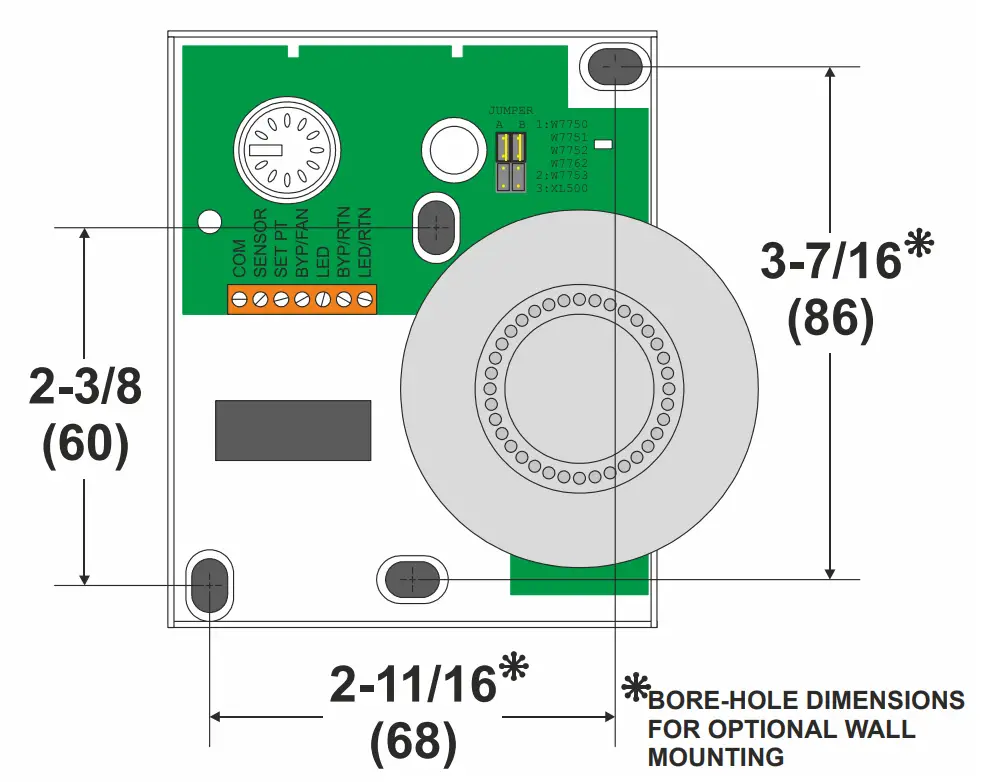 Bore-holes for T7460 wall modules in in. (mm)