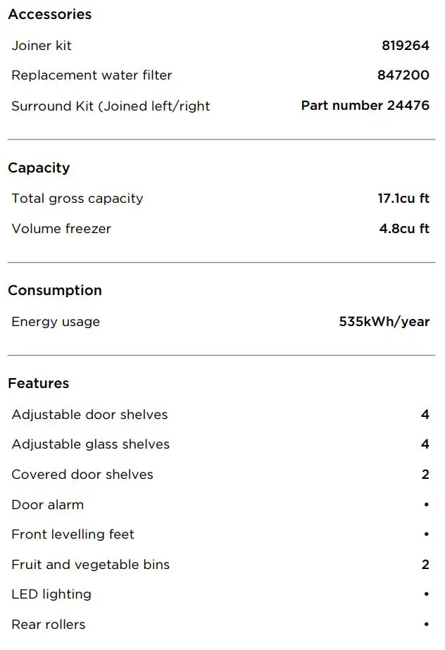 Fisher and Paykel RF170WLHUX1 Freestanding Refrigerator Freezer User Guide - SPECIFICATIONS