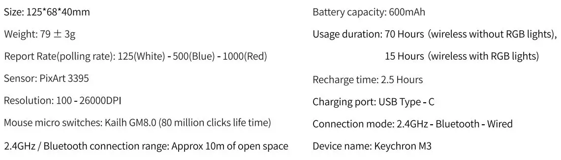 Keychron M3 Wireless Mouse User Manual - Mouse specification