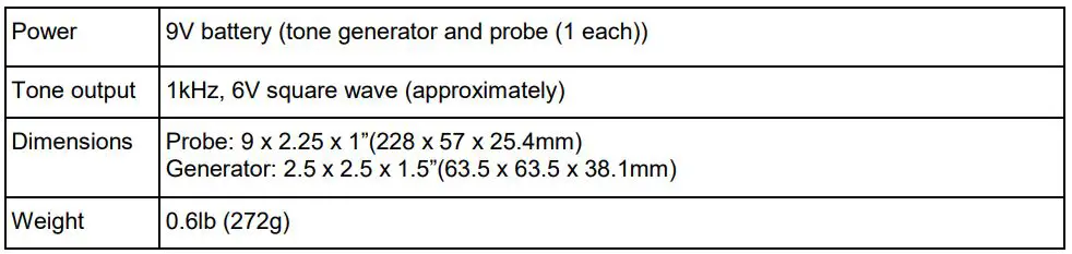 EXTECH Tone Generator and Amplifier Probe - Specifications