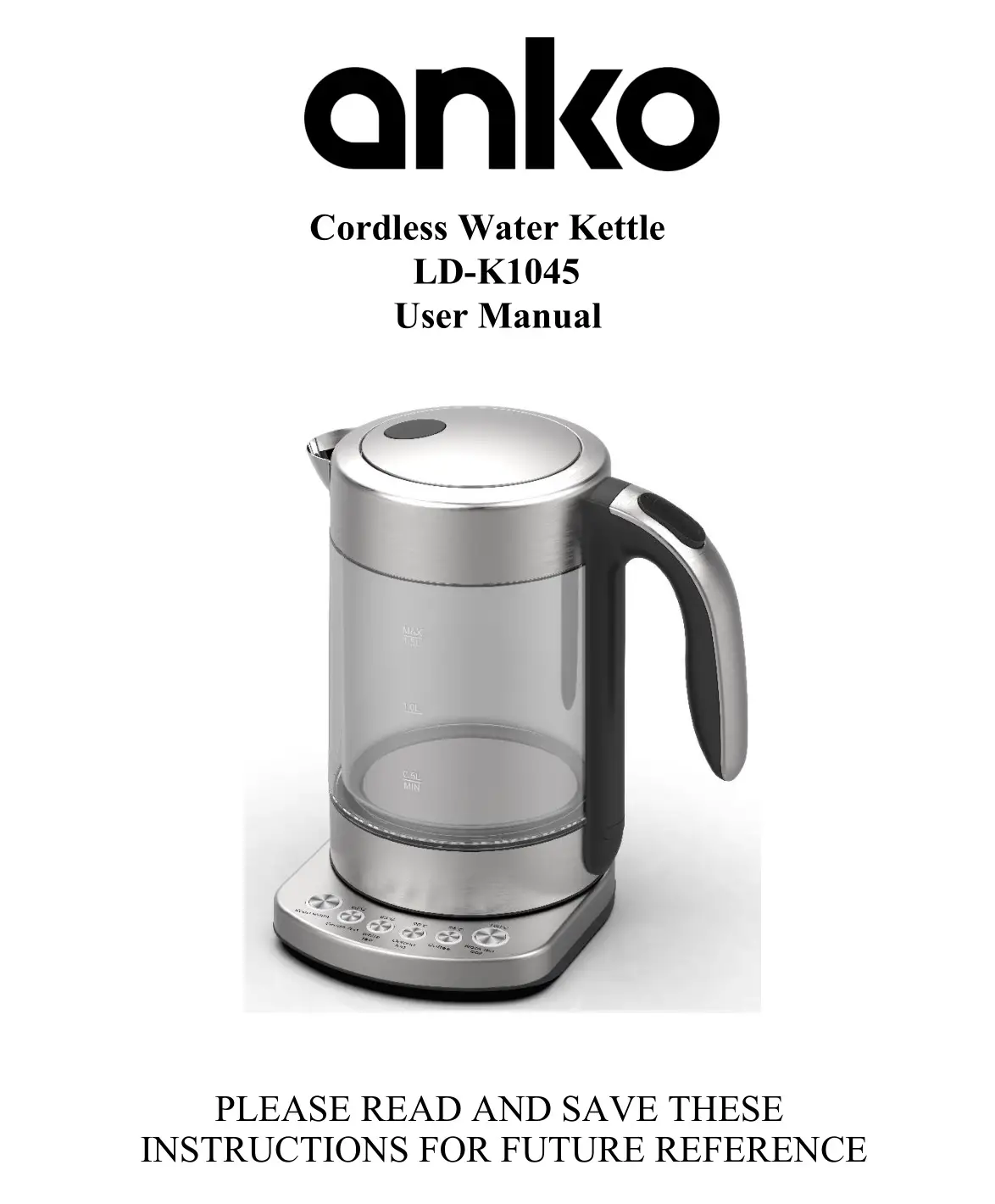 anko LD-K1045 Cordless Water Kettle User Manual